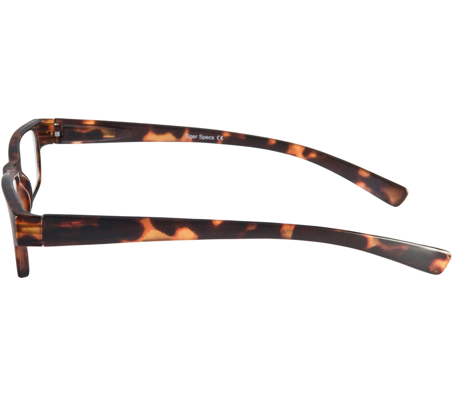 Magic (Tortoiseshell) classic slim unisex reading glasses in a matt tortoiseshell finish. Side view.