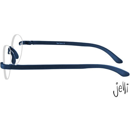 Jelli Solo (Blue) round, rimless reading glasses with soft touch finish, deep blue details. Side view.
