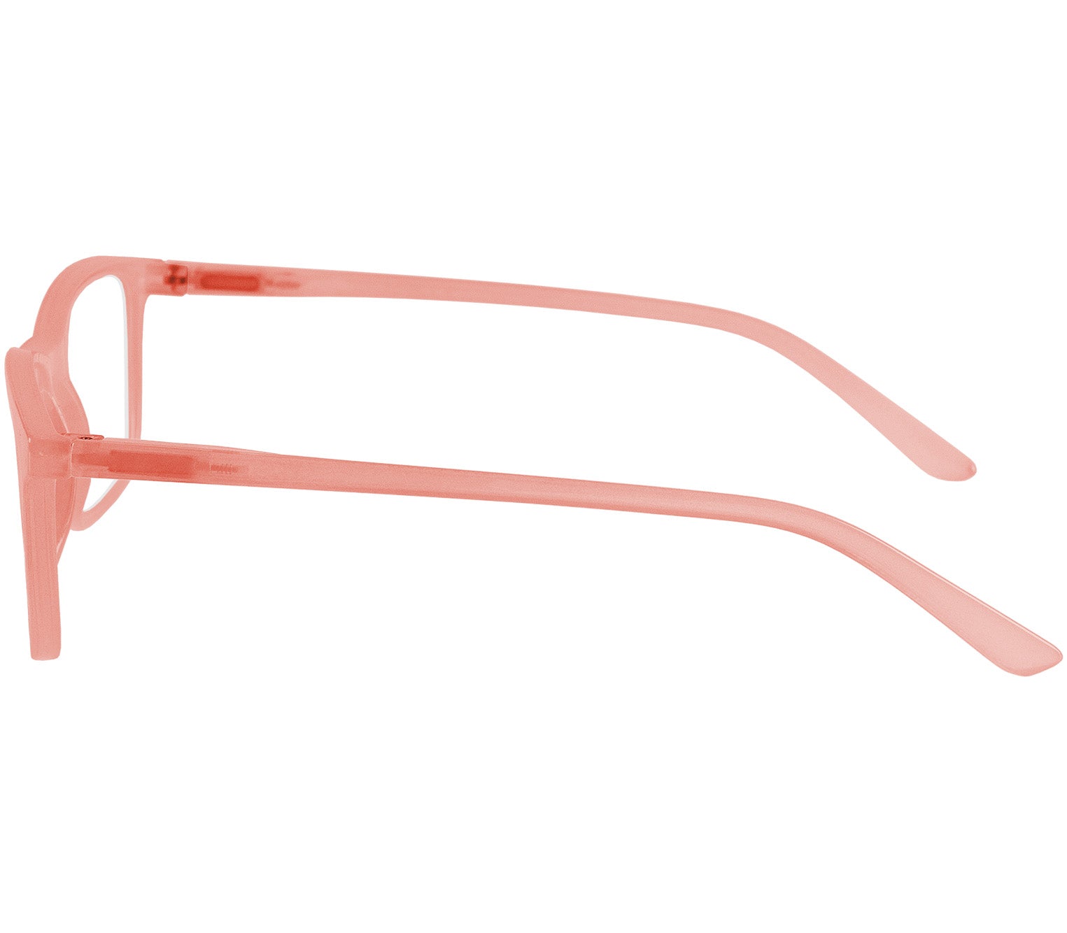 Sundae (Coral) classic shaped unisex reading glasses with a light slender frame and rectangular lenses. Side view.