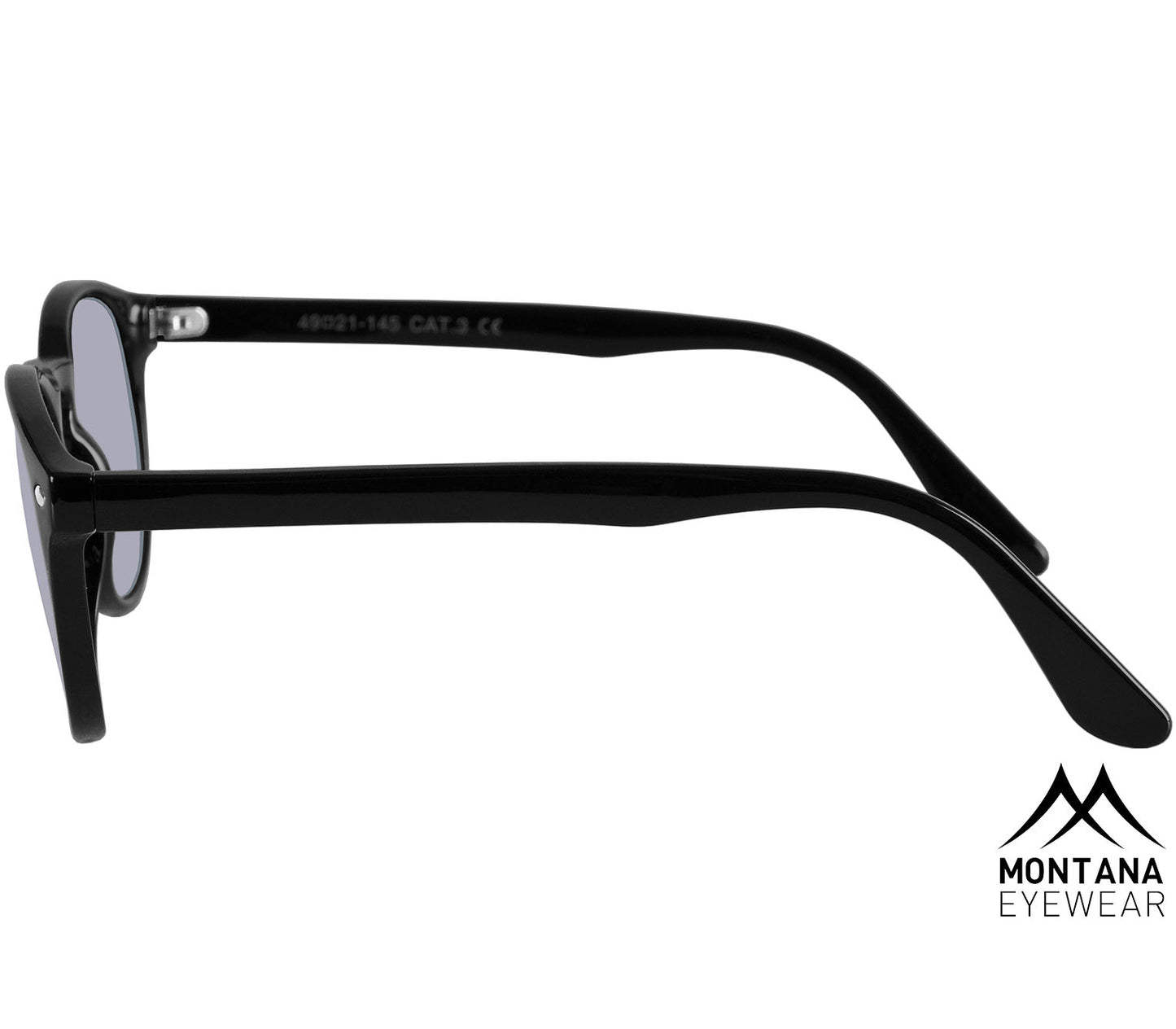 Daytona (Black) retro style sunglasses with a slender frame and smoke grey lenses. Side view.