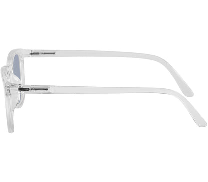 Davos (Clear) classic shaped unisex reading sunglasses with a clear frame and smoke grey lenses. Side view.