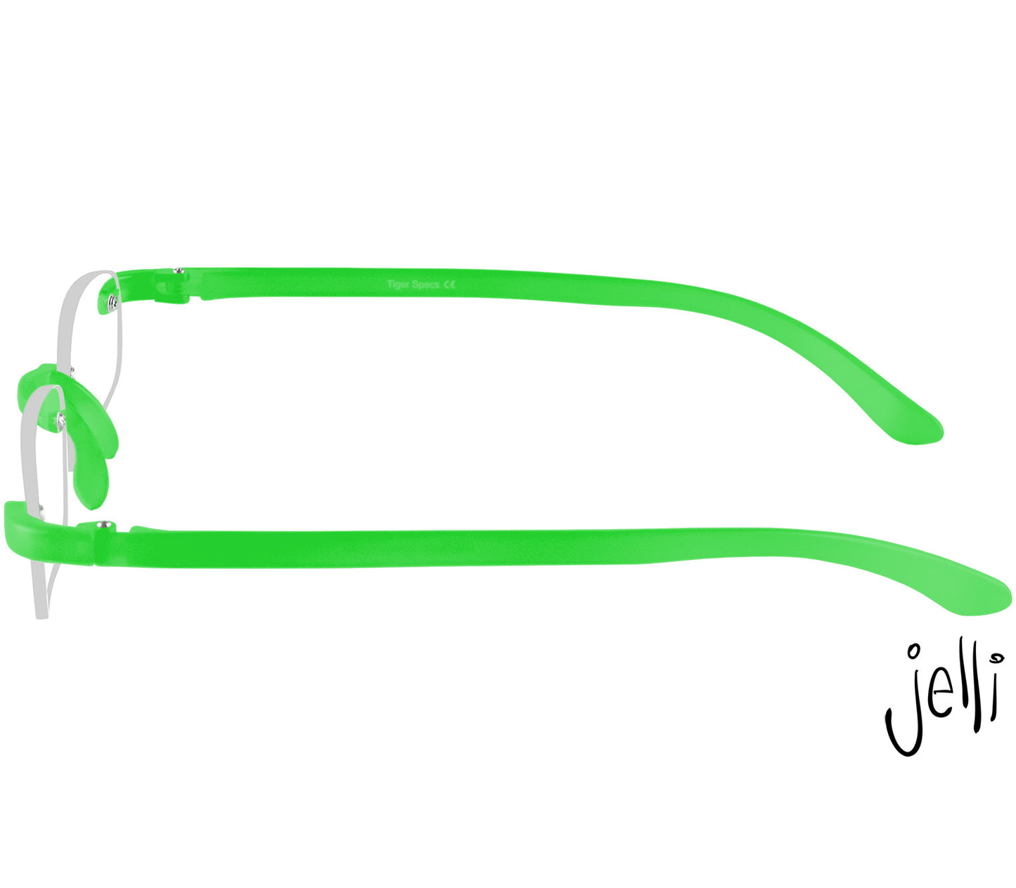 Jelli Neon (Green) rimless, slim reading glasses with semi-translucent bright green arms and bridge. Side view.