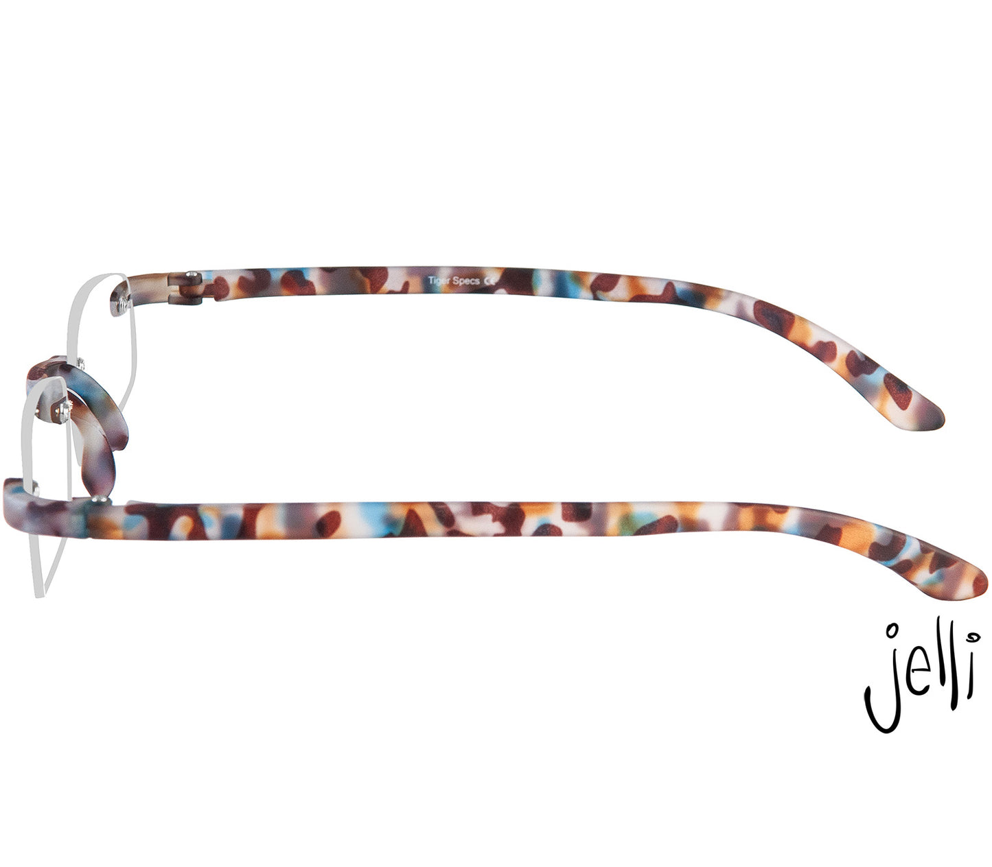 Jelli (Multi Tortoise) rimless, slim reading glasses with semi translucent, tortoiseshell arms and bridge. Side view.