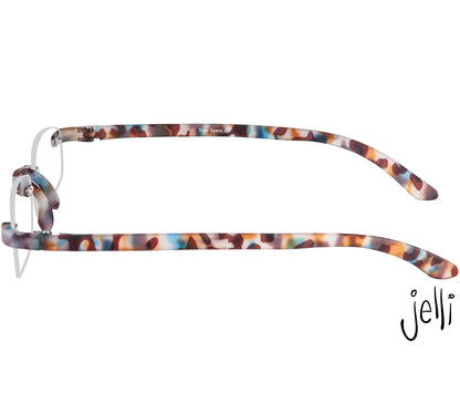 Jelli (Multi Tortoise) rimless, slim reading glasses with semi translucent, tortoiseshell arms and bridge. Side view.