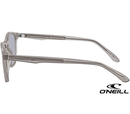 Summit (Grey) classic retro sunglasses by O'Neill. Soft grey translucent frame with tinted smoke grey lenses. Side view.