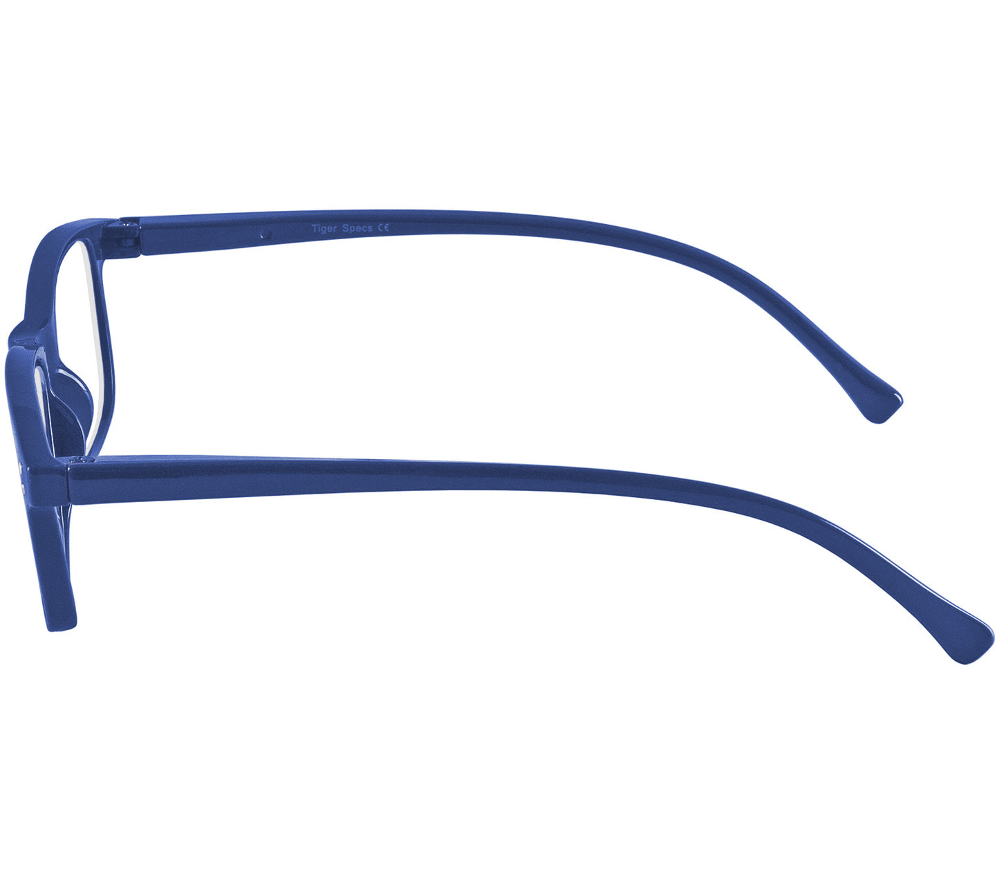Eclipse (Blue) classic shaped unisex reading glasses with oval lenses and a gloss blue frame. Side view.