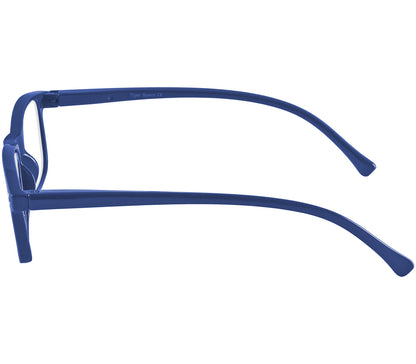 Eclipse (Blue) classic shaped unisex reading glasses with oval lenses and a gloss blue frame. Side view.