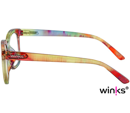 Toast (Multi-coloured) retro and fun reading glasses with large, oversized lenses and slender temples. Side view.