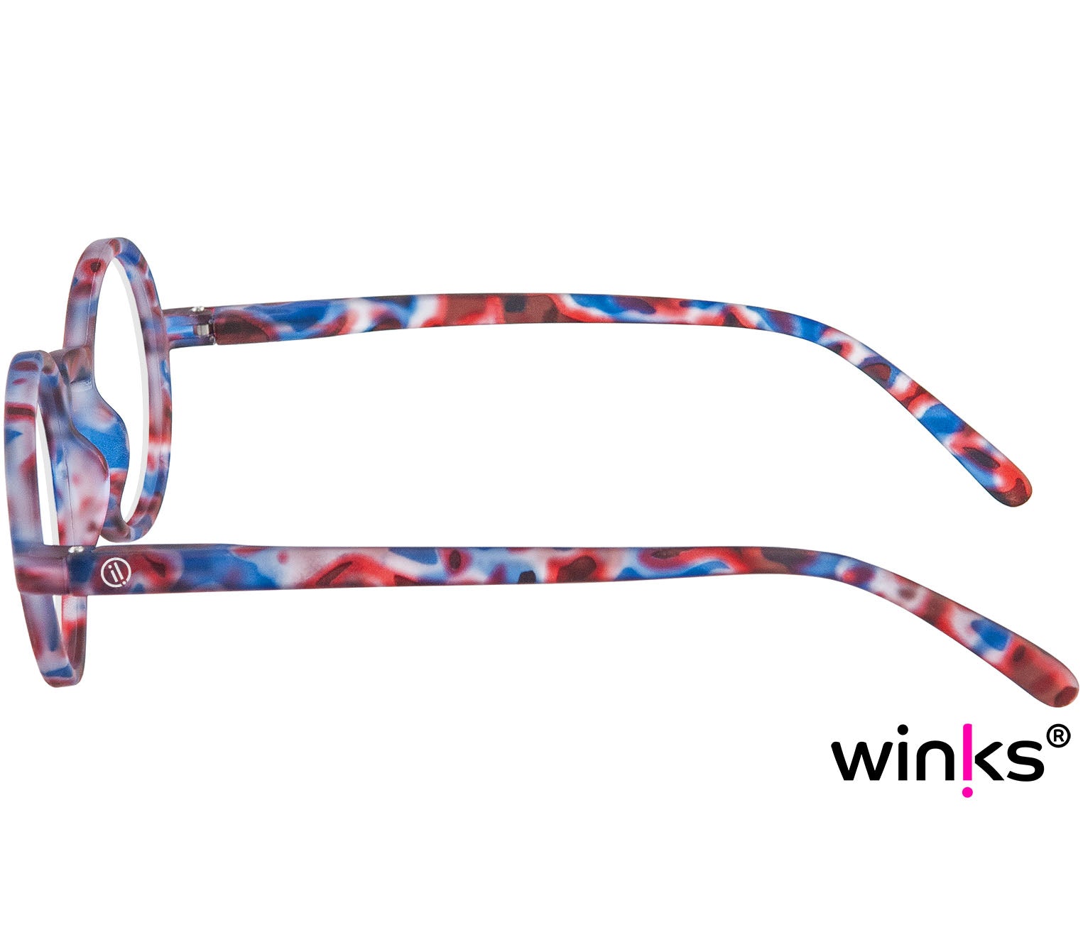 Elliott (Blue Tortoise) round, retro style unisex reading glasses with large lenses and a soft touch finish. Side view.