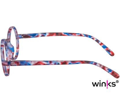 Elliott (Blue Tortoise) round, retro style unisex reading glasses with large lenses and a soft touch finish. Side view.