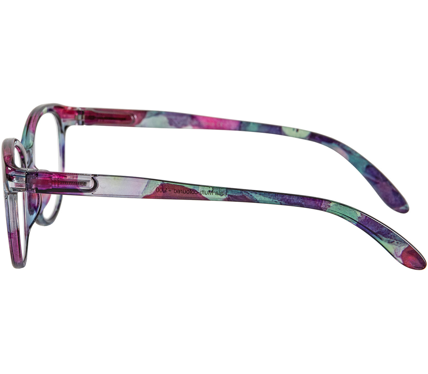 Lala (Multi-coloured) cat eye shaped, women's reading glasses with a multi coloured floral pattern. Side view.