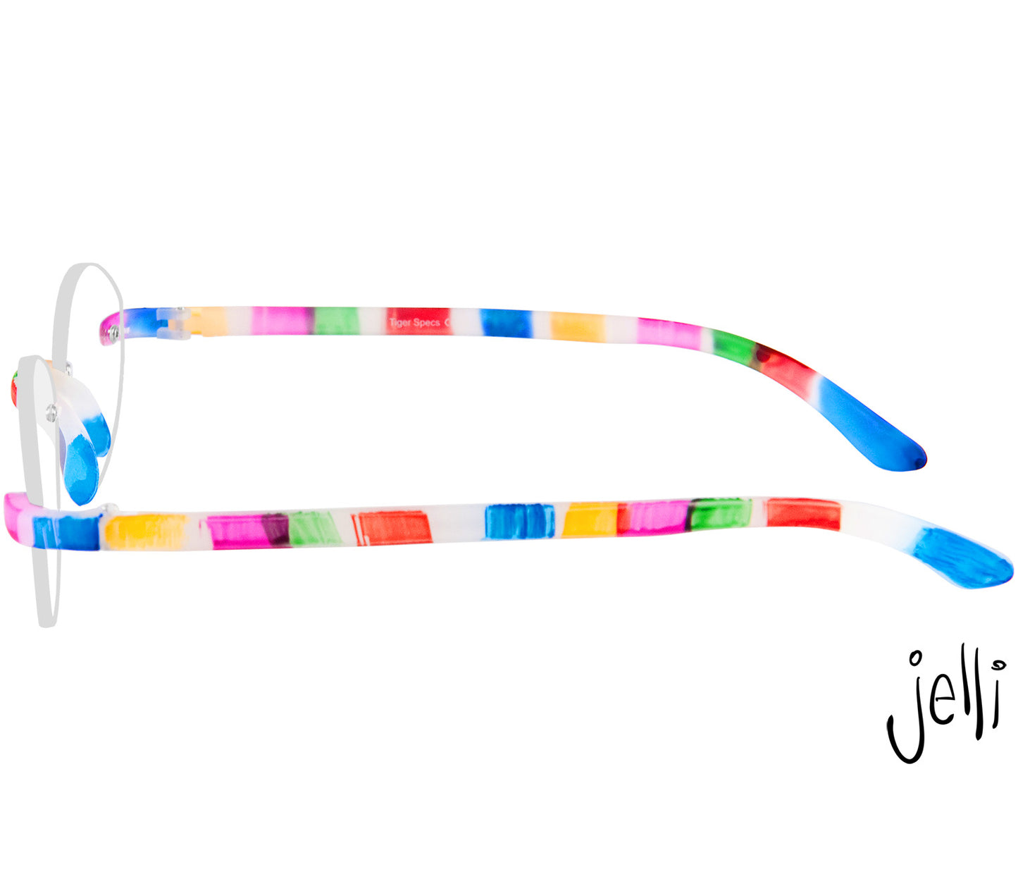 Jelli Solo (Multi-Coloured) round, rimless reading glasses with soft touch finish, fun multicoloured details. Side view.