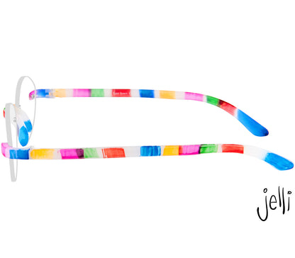 Jelli Solo (Multi-Coloured) round, rimless reading glasses with soft touch finish, fun multicoloured details. Side view.