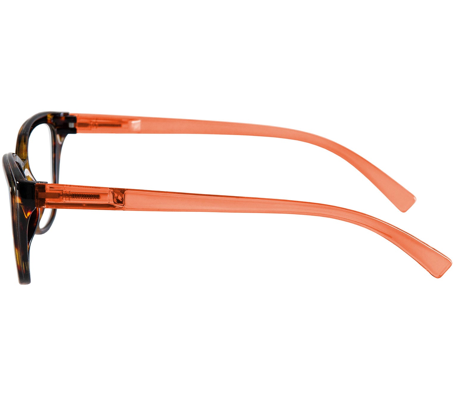 Opera (Tortoiseshell) women's cat eye shaped, two tone reading glasses. Tortoiseshell frame and orange temples. Side view.