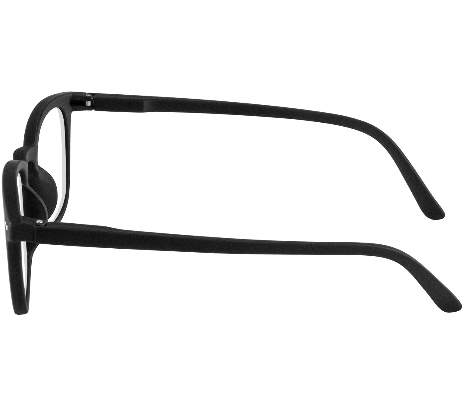 Scholar (Black) retro unisex reading glasses with large oval shaped lenses, slender black frames and rivet details. Side view.