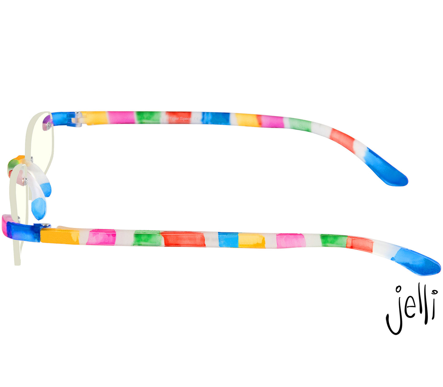 Jelli Digital (Multi-coloured) rimless, slim reading glasses with semi translucent, multicoloured arms and bridge. Side view.