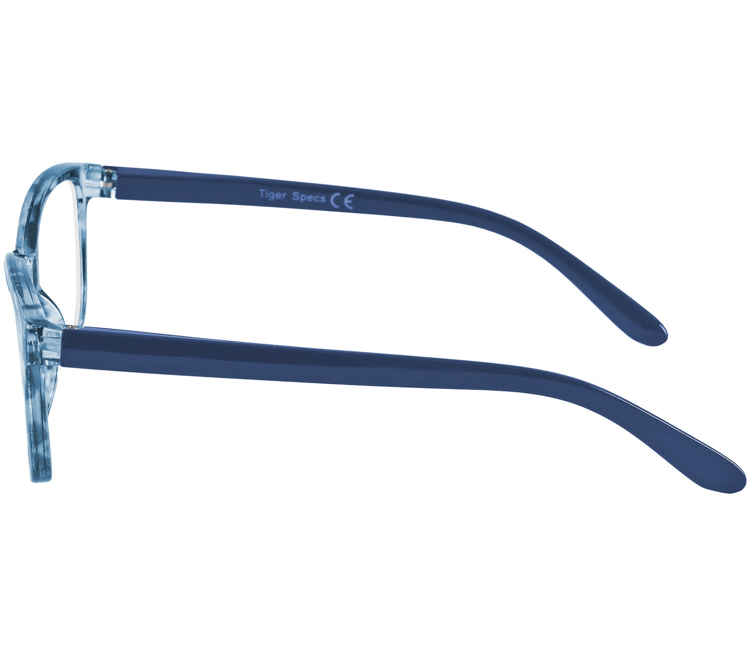 Courtney (Blue) women's cat eye shaped reading glasses with translucent blue frames. Side view.