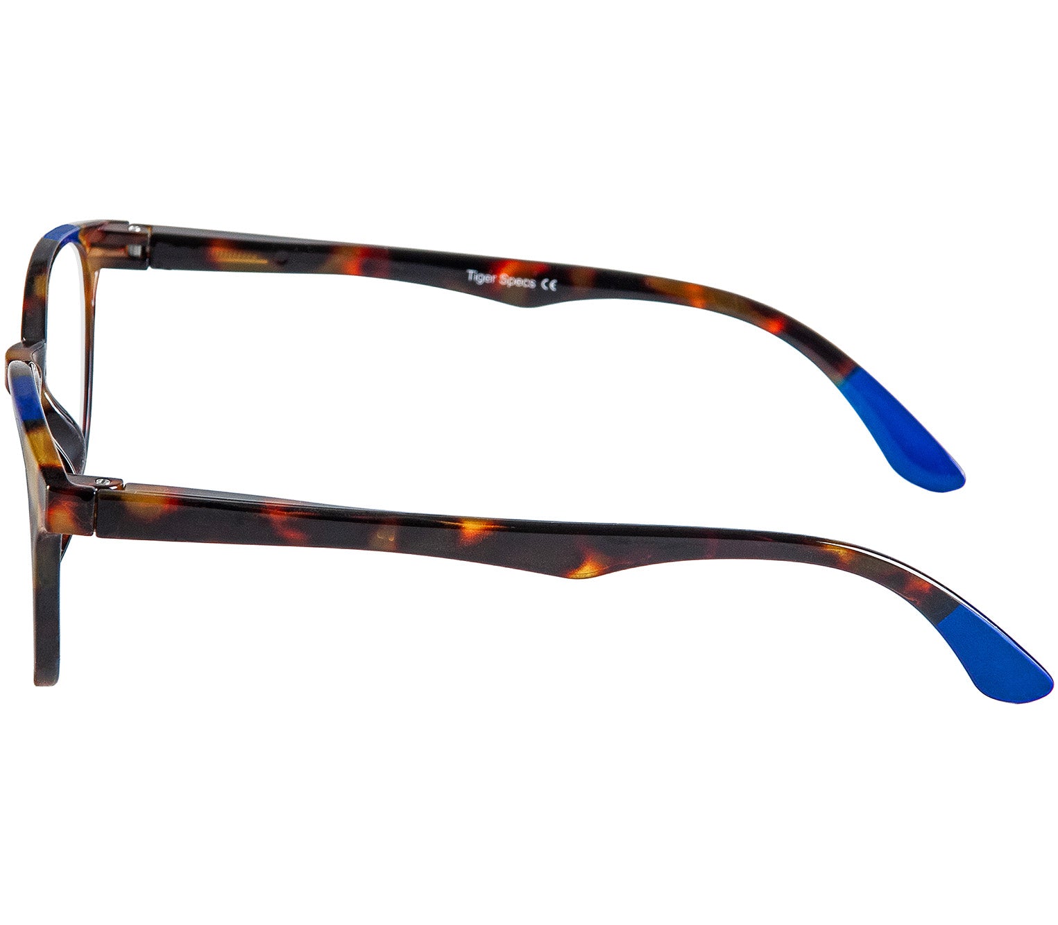Marlow (Blue Tortoise) oval shaped reading glasses with a blue and brown tortoiseshell pattern and glossy finish. Side view.