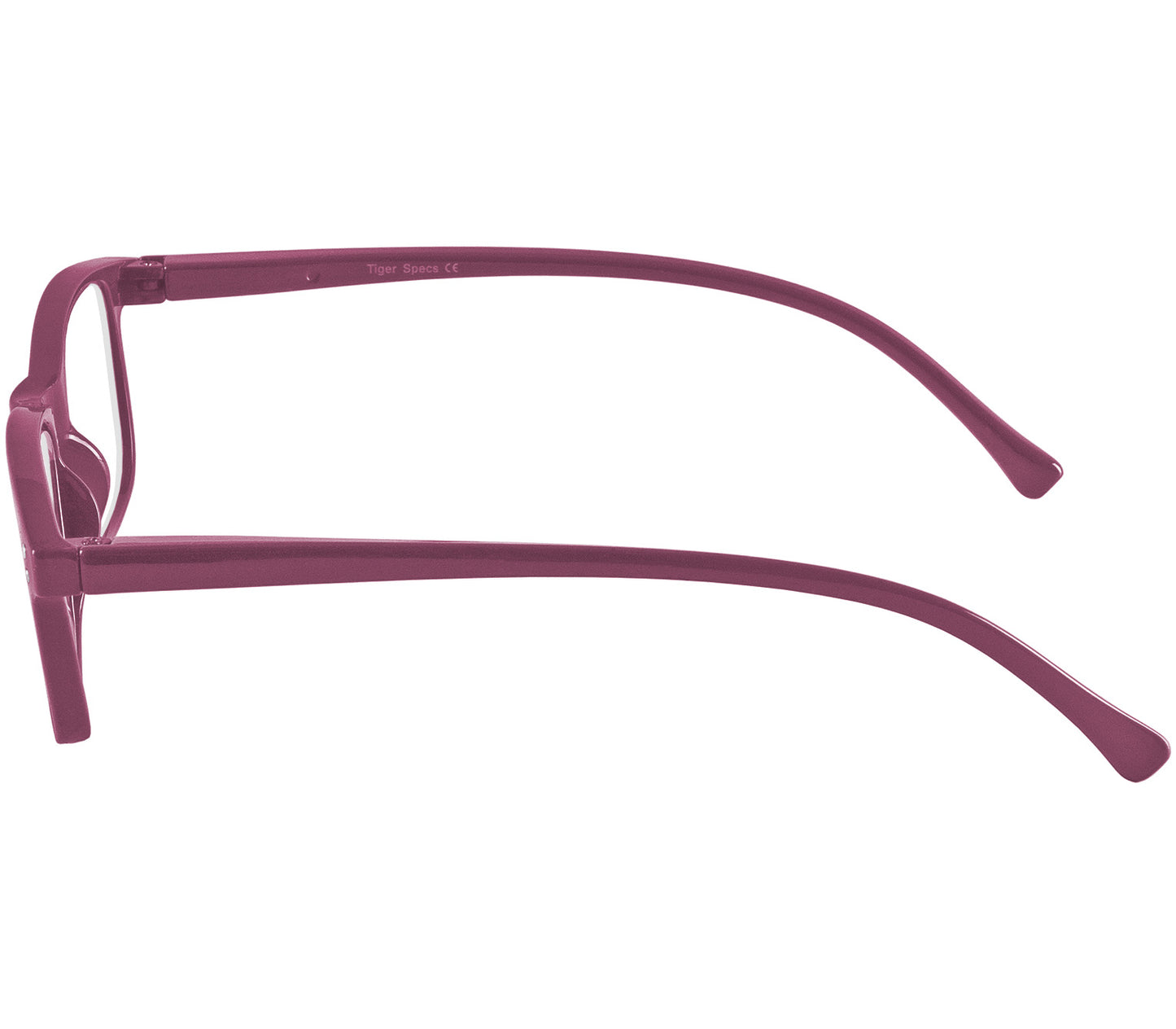 Eclipse (Purple) classic shaped reading glasses with oval lenses and a gloss purple frame. Side view.