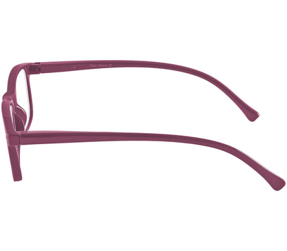 Eclipse (Purple) classic shaped reading glasses with oval lenses and a gloss purple frame. Side view.