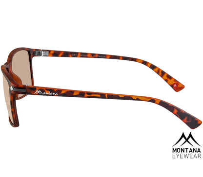 Horizon (Tortoiseshell) sunglasses with large rectangular lenses, slender frame and smoke brown tinted lenses. Side view.