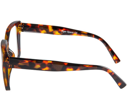 Brandy (Tortoiseshell) retro, oversized women's reading glasses. Deep tortoiseshell frames and chunky arms. Side view.