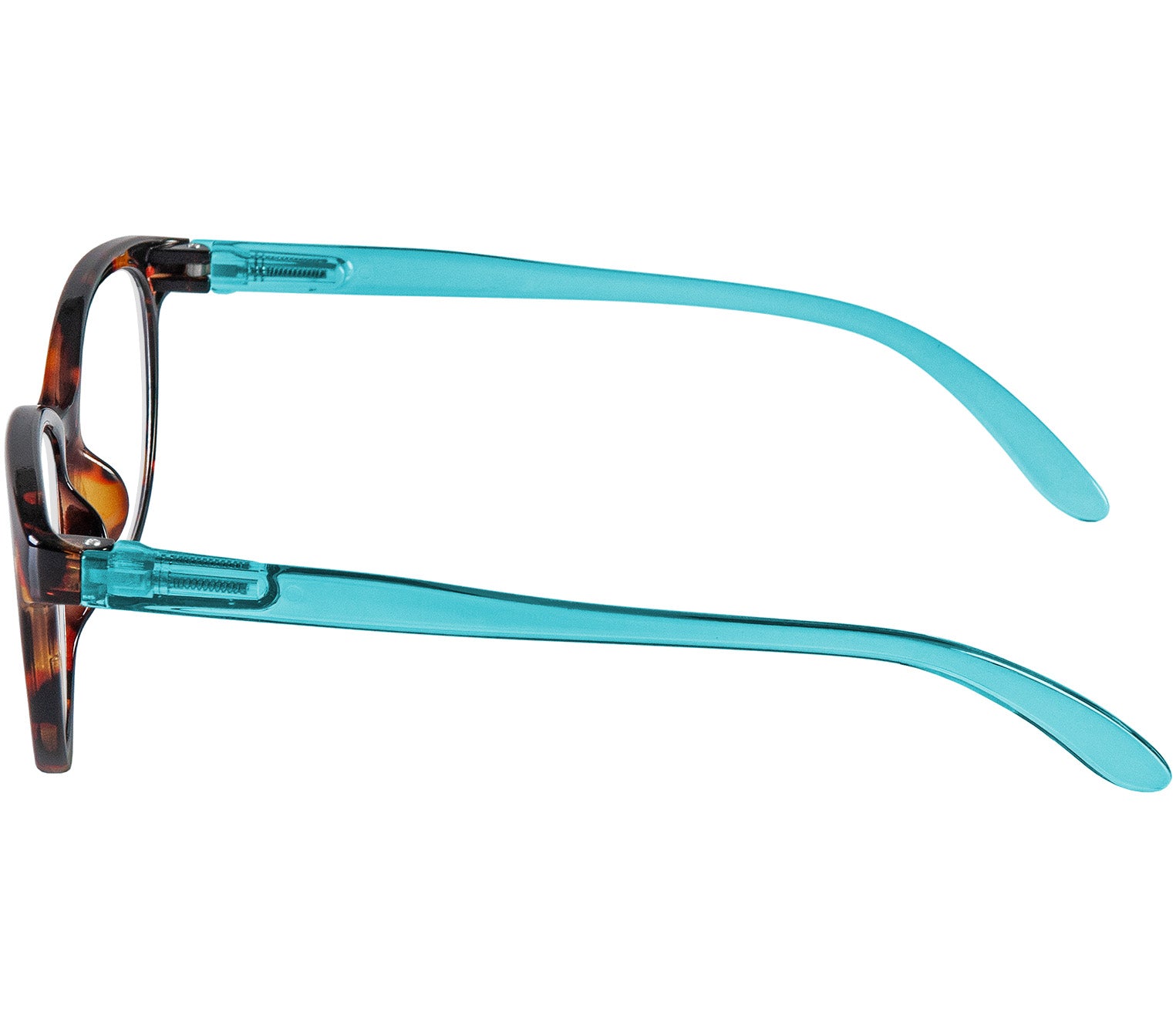 Lala (Blue) cat eye shaped, women's reading glasses with a two tone blue and tortoiseshell frame and details. Side view.