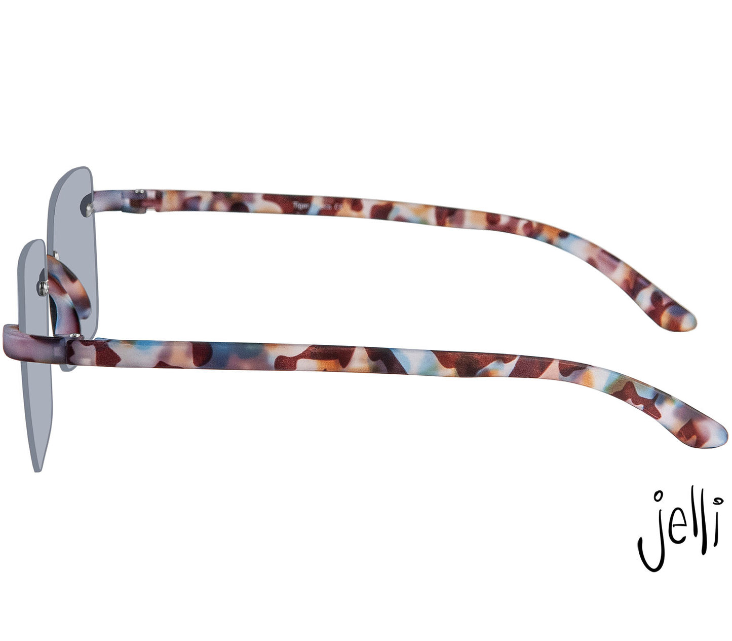 Female model wearing Jelli Sun (Multi Tortoise) unisex sun reading glasses with large square lenses and multicoloured, tortoiseshell arms and details.