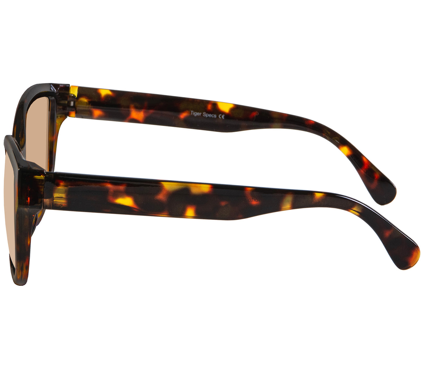 Amalfi (Tortoiseshell) retro style bifocal reading sunglasses. Deep tortoiseshell cat eye frames and wide arms. Side view.
