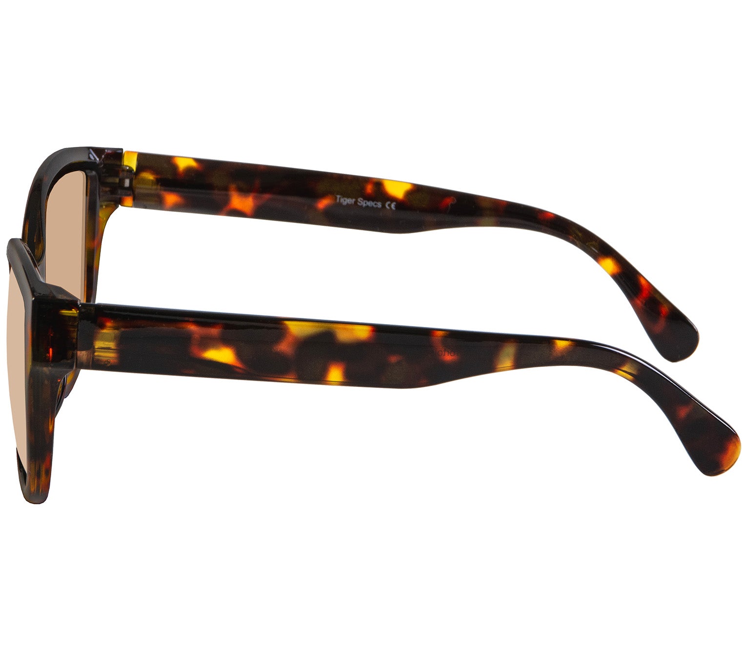 Amalfi (Tortoiseshell) retro style bifocal reading sunglasses. Deep tortoiseshell cat eye frames and wide arms. Side view.