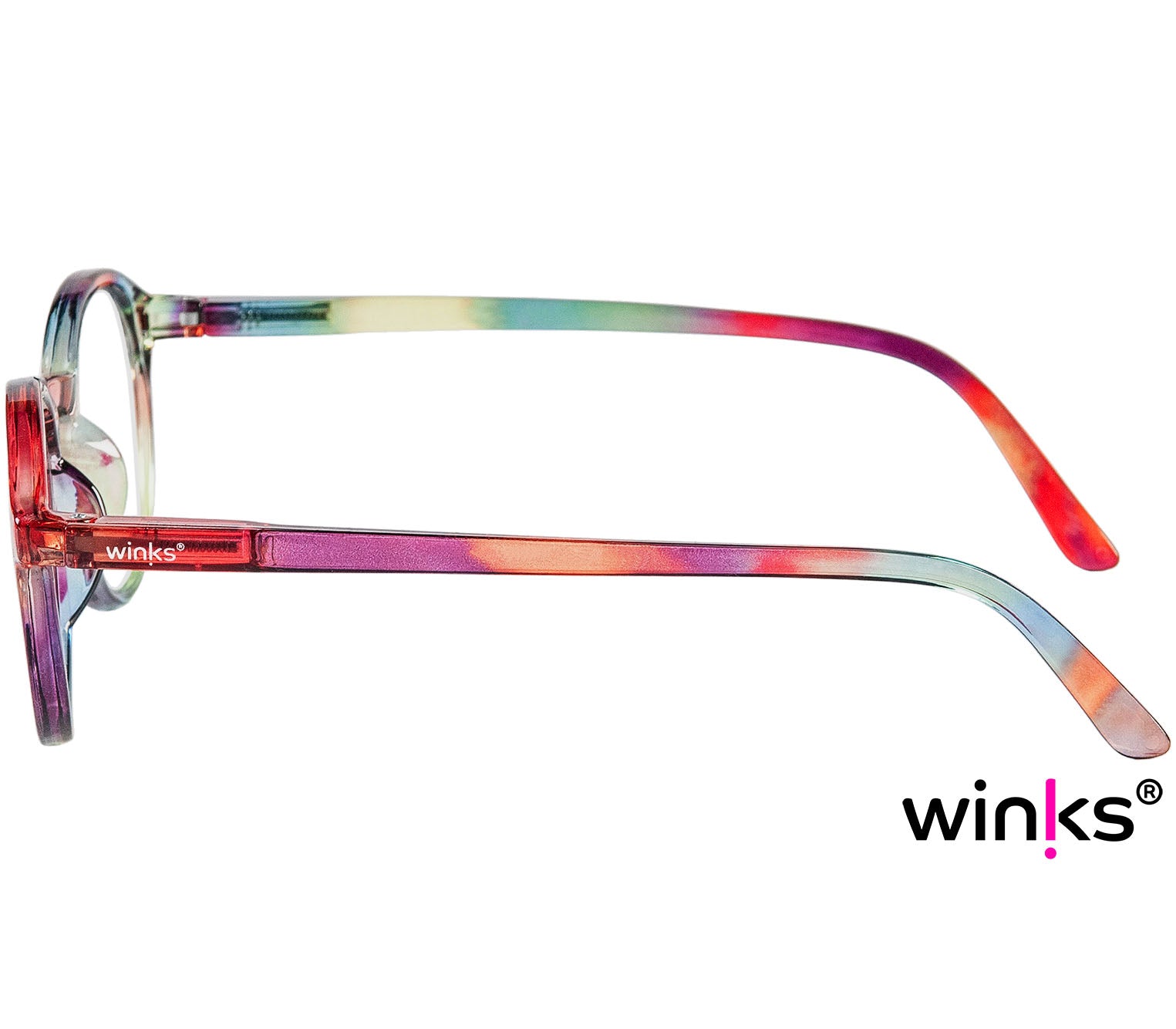 Oskar (Multi-coloured) unisex reading glasses with large round lenses and a glossy multi-coloured frame. Side view.