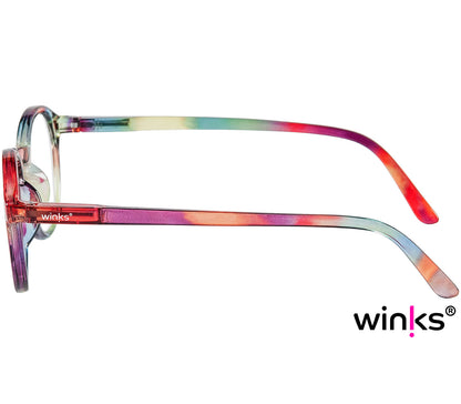 Oskar (Multi-coloured) unisex reading glasses with large round lenses and a glossy multi-coloured frame. Side view.