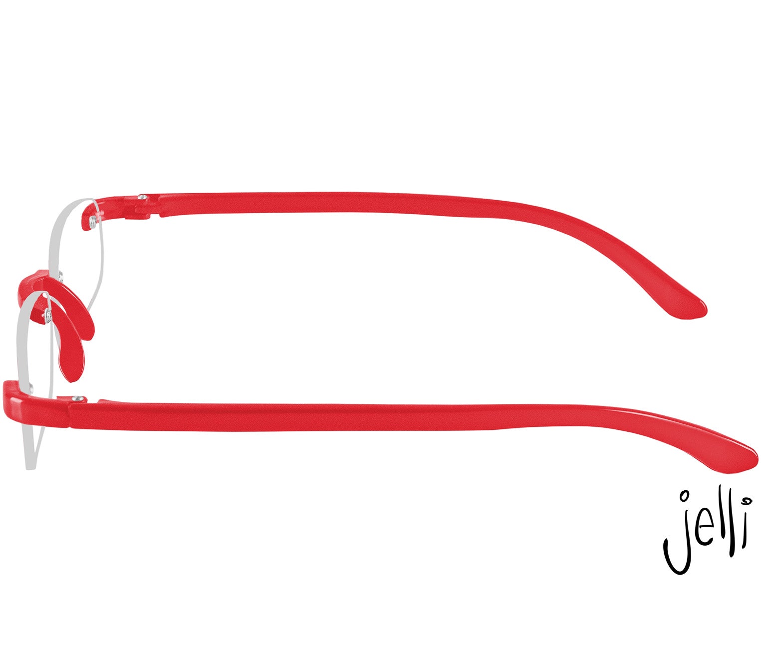 Jelli (Red) rimless, slim reading glasses with bold red arms and bridge. Side view.