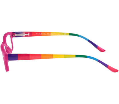 Prism (Multi-coloured) slim womens reading glasses with rectangular lenses. Bright pink frames and rainbow striped arms. Side view.