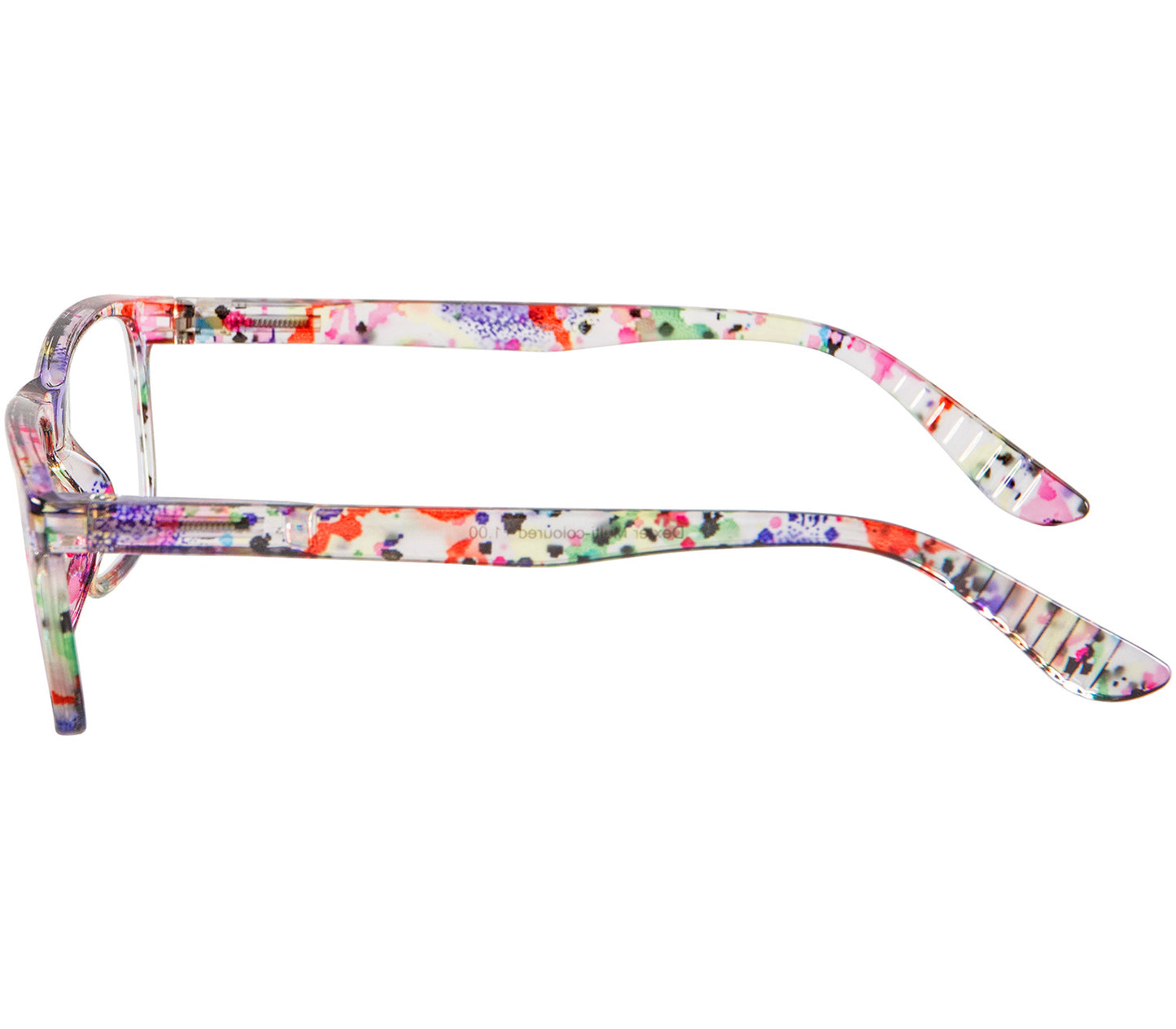 Dexter (Multi-coloured) classic shape unisex reading glasses with a translucent, glossy multicoloured frame. Side view.