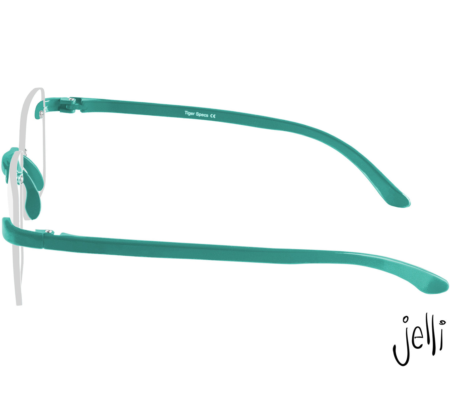 Jelli Max (Turquoise) square, rimless reading glasses with large lenses and turquoise details. Side view.