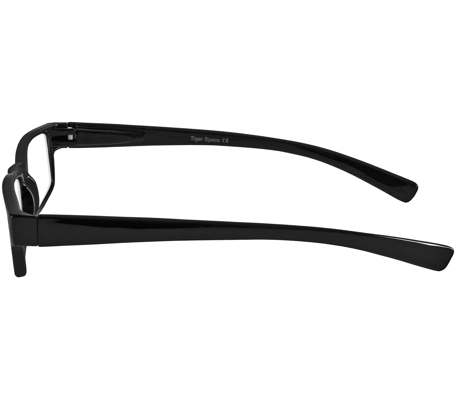 Magic (Black) classic slim unisex glasses in a glossy black finish. Side view.
