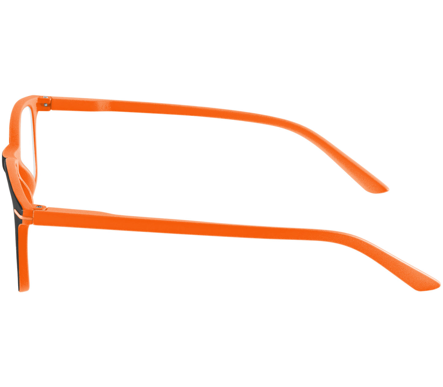 Jazz (Orange) classic shape reading glasses with rectangular lenses in a two tone orange and black frame. Side view.