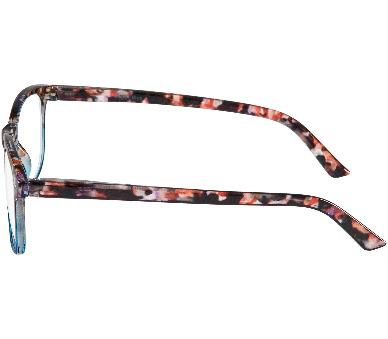 Aspen (Blue) women's retro style reading glasses. Multicoloured frames and a glossy finish. Large oval shaped lenses. Side view.
