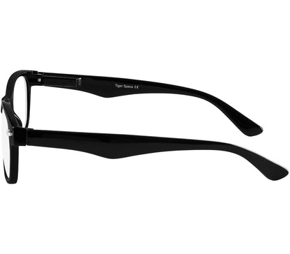 Harper (Black) retro, unisex reading glasses with oval lenses and glossy black frames. Side view.