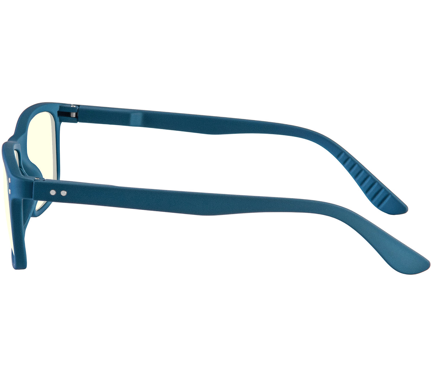 Austin (Blue) classic shaped, unisex blue light glasses. Deep blue frames with soft touch finish and rivet details. Side view.
