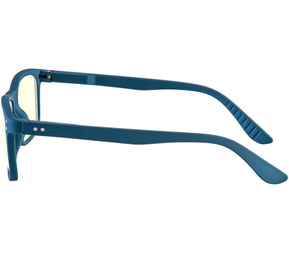 Austin (Blue) classic shaped, unisex blue light glasses. Deep blue frames with soft touch finish and rivet details. Side view.