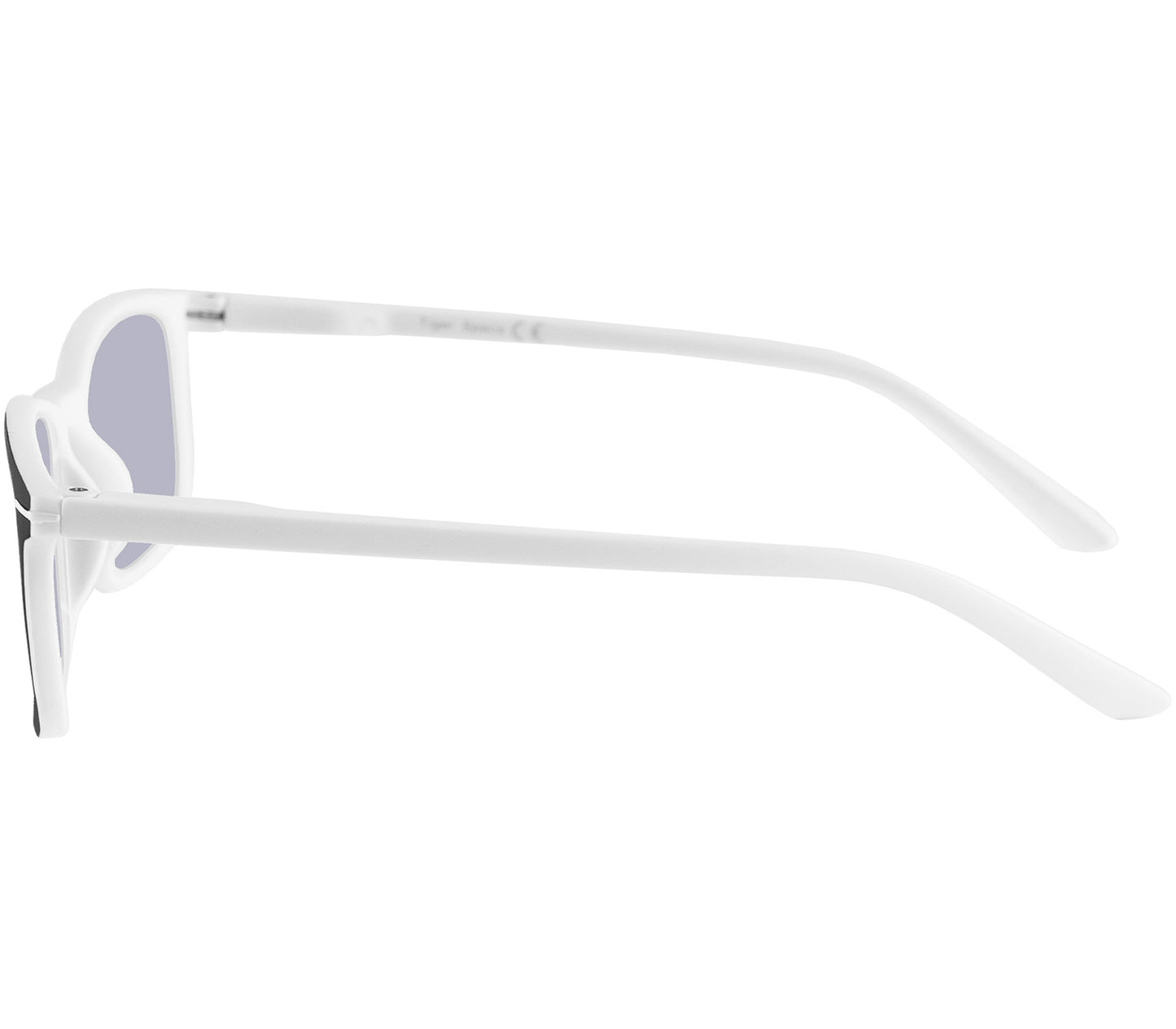 Esprit (White) sunglasses with two tone black and white frames and temples. Classic shaped lenses with a smoke grey tint. Side view.