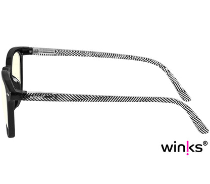 Helix (Black) retro shaped blue light reading glasses with black frames and chevron patterned arms. Side view.