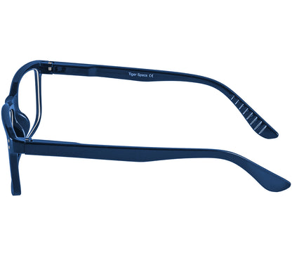 Dexter Bifocal (Blue) bifocal unisex reading glasses. Dark blue frames with a glossy finish. Side view.