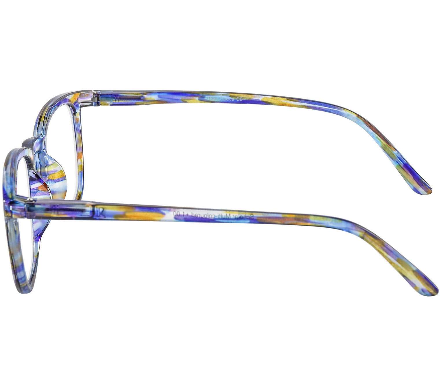Scholar (Multi-coloured) retro unisex reading glasses with large oval shaped lenses, slender patterned multi-coloured frame. Side view.
