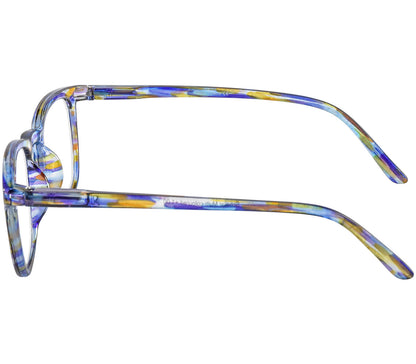 Scholar (Multi-coloured) retro unisex reading glasses with large oval shaped lenses, slender patterned multi-coloured frame. Side view.