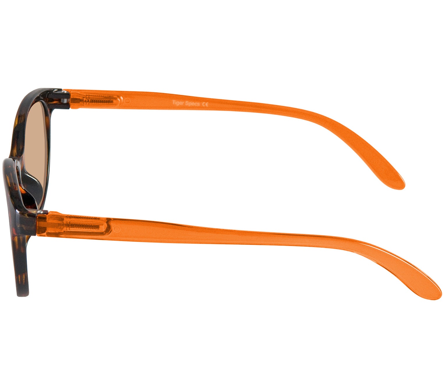 Mimi (Orange) cat eye shaped women's reading sunglasses with tortoiseshell frames and orange temples. Round, brown tinted lenses. Front view.