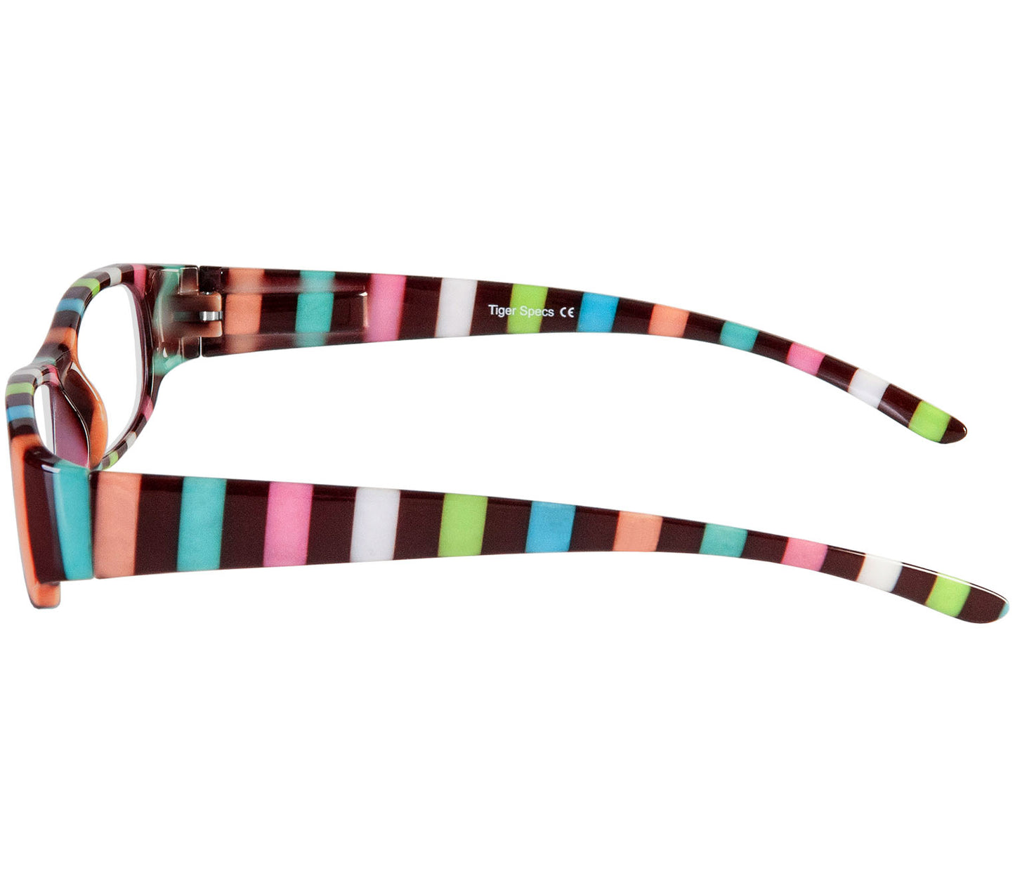 Shandy (Multi-coloured) classic women's reading glasses with striped multicoloured frames and a glossy finish. Side view.