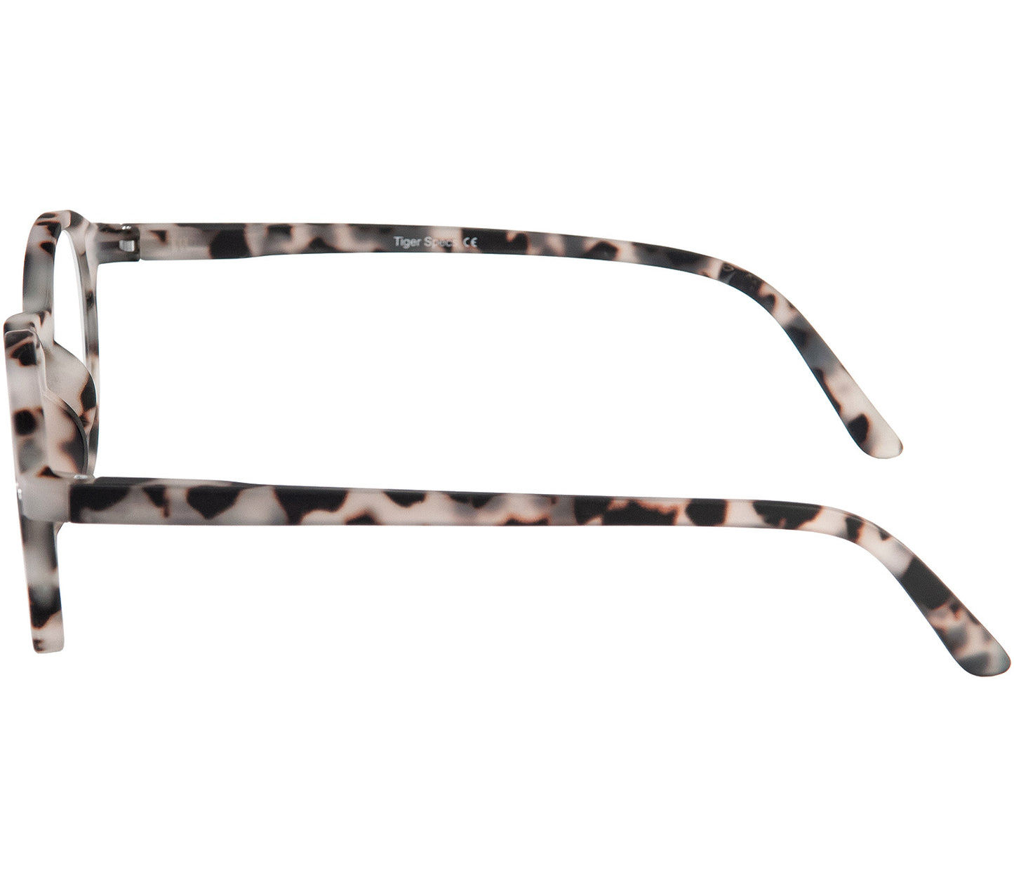 Oskar (Grey Tortoise) unisex reading glasses with large round lenses and grey tortoiseshell frames. Side view.